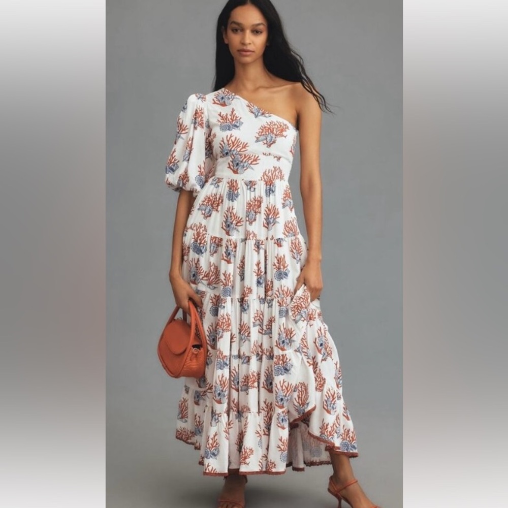 Anthropologie Priya Israni Puff One-Shoulder Belted Maxi Dress
